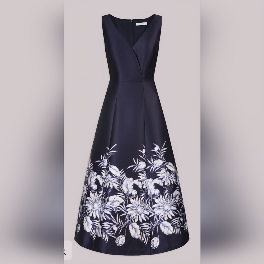 Kay Unger Midnight Blue and White Floral Maxi Dress